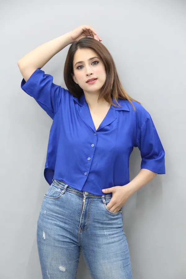 Royal_Blue_Viscose_Rayon_3/4Th_Sleeve_Solid_Crop_Regular_Fit_Shirt_For_Women
