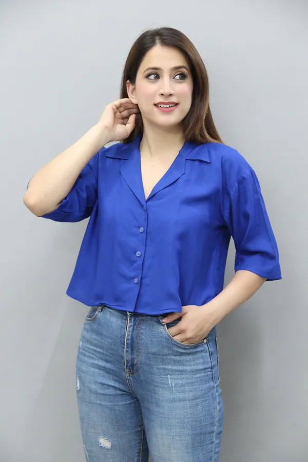 Royal_Blue_Viscose_Rayon_3/4Th_Sleeve_Solid_Crop_Regular_Fit_Shirt_For_Women