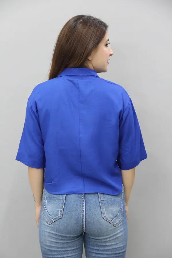 Royal_Blue_Viscose_Rayon_3/4Th_Sleeve_Solid_Crop_Regular_Fit_Shirt_For_Women