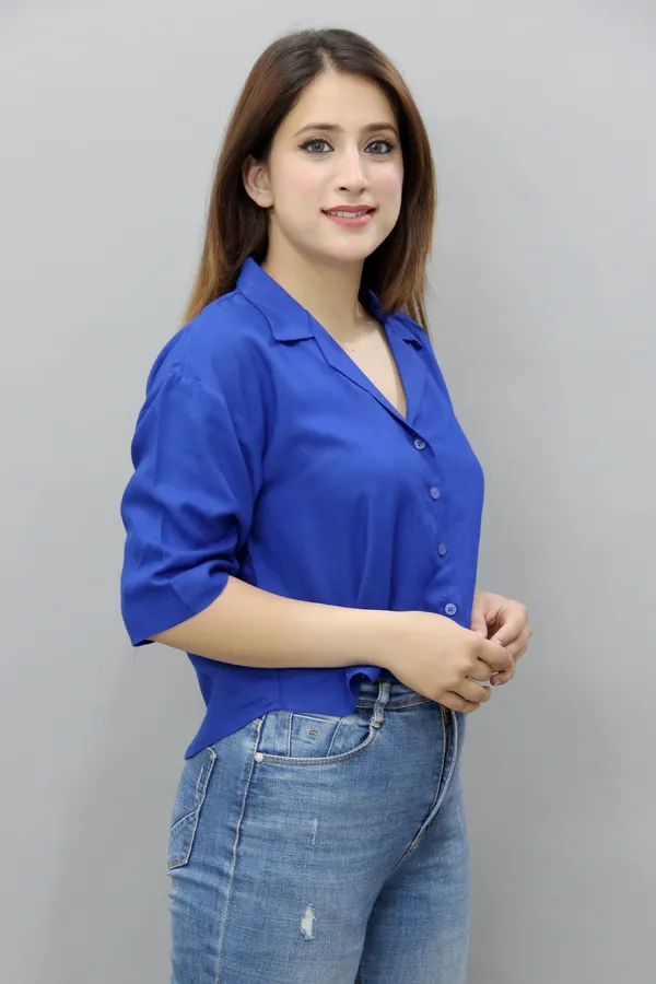 Royal_Blue_Viscose_Rayon_3/4Th_Sleeve_Solid_Crop_Regular_Fit_Shirt_For_Women