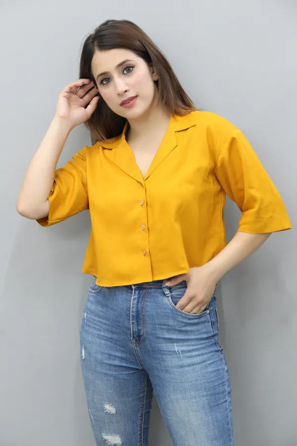 Yellow_Viscose_Rayon_3/4Th_Sleeve_Solid_Crop_Regular_Fit_Shirt_For_Women