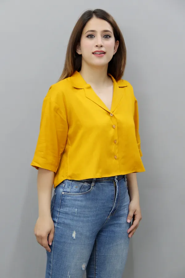 Yellow_Viscose_Rayon_3/4Th_Sleeve_Solid_Crop_Regular_Fit_Shirt_For_Women
