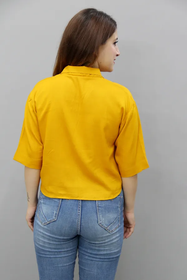Yellow_Viscose_Rayon_3/4Th_Sleeve_Solid_Crop_Regular_Fit_Shirt_For_Women