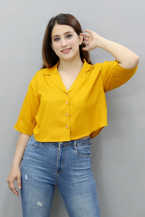 Yellow_Viscose_Rayon_3/4Th_Sleeve_Solid_Crop_Regular_Fit_Shirt_For_Women