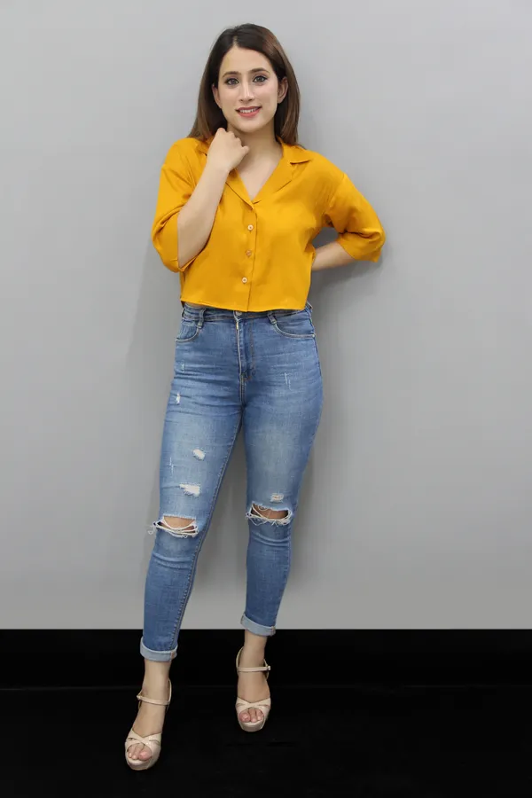Yellow_Viscose_Rayon_3/4Th_Sleeve_Solid_Crop_Regular_Fit_Shirt_For_Women