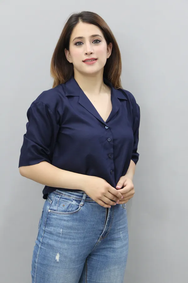 Dark_Blue_Viscose_Rayon_3/4Th_Sleeve_Solid_Crop_Regular_Fit_Shirt_For_Women