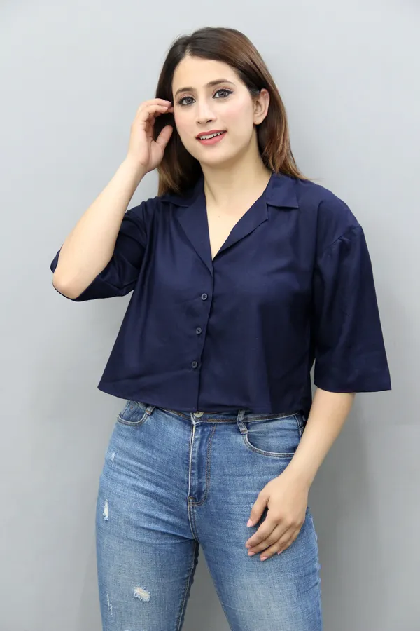 Dark_Blue_Viscose_Rayon_3/4Th_Sleeve_Solid_Crop_Regular_Fit_Shirt_For_Women