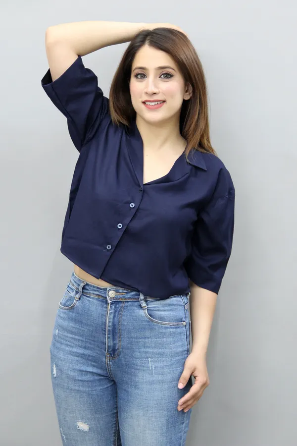 Dark_Blue_Viscose_Rayon_3/4Th_Sleeve_Solid_Crop_Regular_Fit_Shirt_For_Women