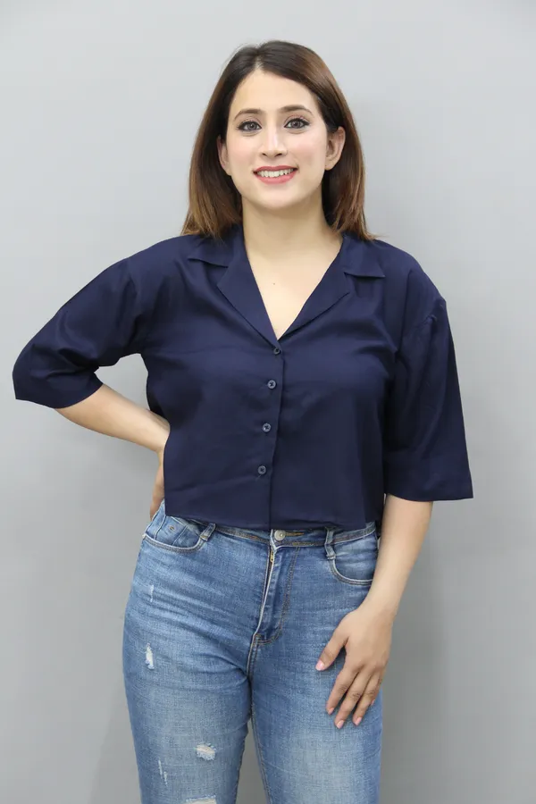 Dark_Blue_Viscose_Rayon_3/4Th_Sleeve_Solid_Crop_Regular_Fit_Shirt_For_Women