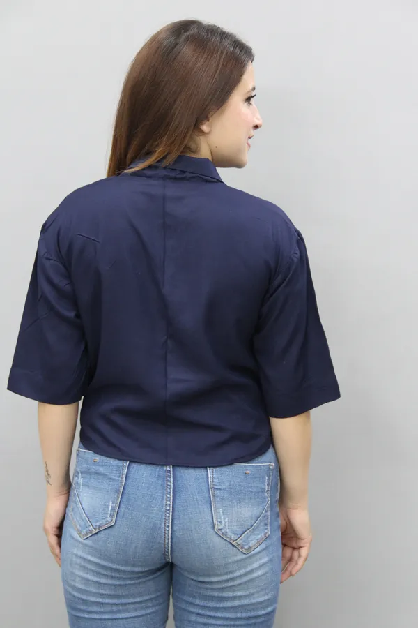 Dark_Blue_Viscose_Rayon_3/4Th_Sleeve_Solid_Crop_Regular_Fit_Shirt_For_Women