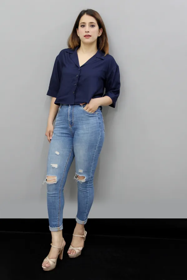 Dark_Blue_Viscose_Rayon_3/4Th_Sleeve_Solid_Crop_Regular_Fit_Shirt_For_Women
