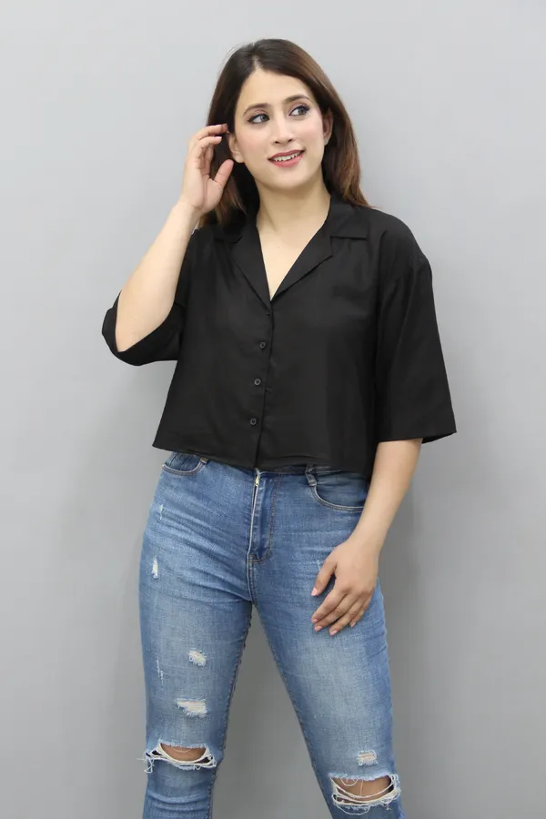 Black_Viscose_Rayon_3/4Th_Sleeve_Solid_Crop_Regular_Fit_Shirt_For_Women