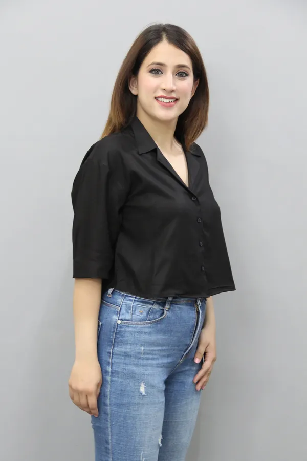Black_Viscose_Rayon_3/4Th_Sleeve_Solid_Crop_Regular_Fit_Shirt_For_Women