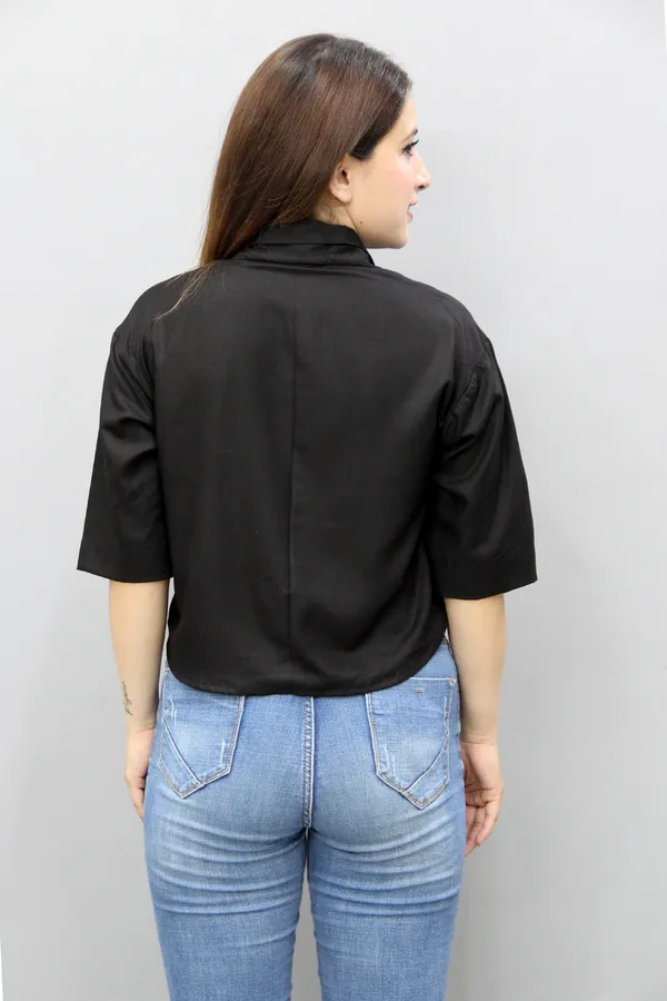 Black_Viscose_Rayon_3/4Th_Sleeve_Solid_Crop_Regular_Fit_Shirt_For_Women
