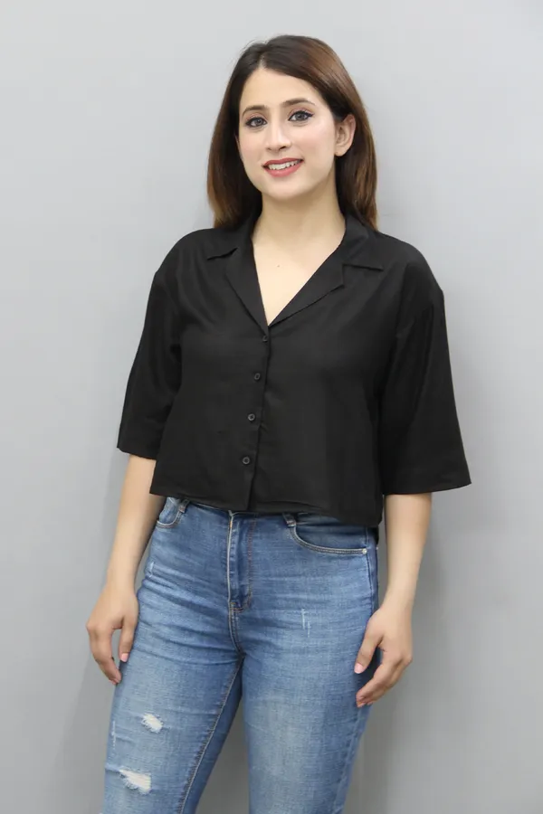 Black_Viscose_Rayon_3/4Th_Sleeve_Solid_Crop_Regular_Fit_Shirt_For_Women