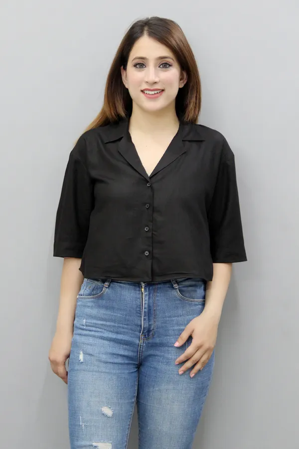 Black_Viscose_Rayon_3/4Th_Sleeve_Solid_Crop_Regular_Fit_Shirt_For_Women