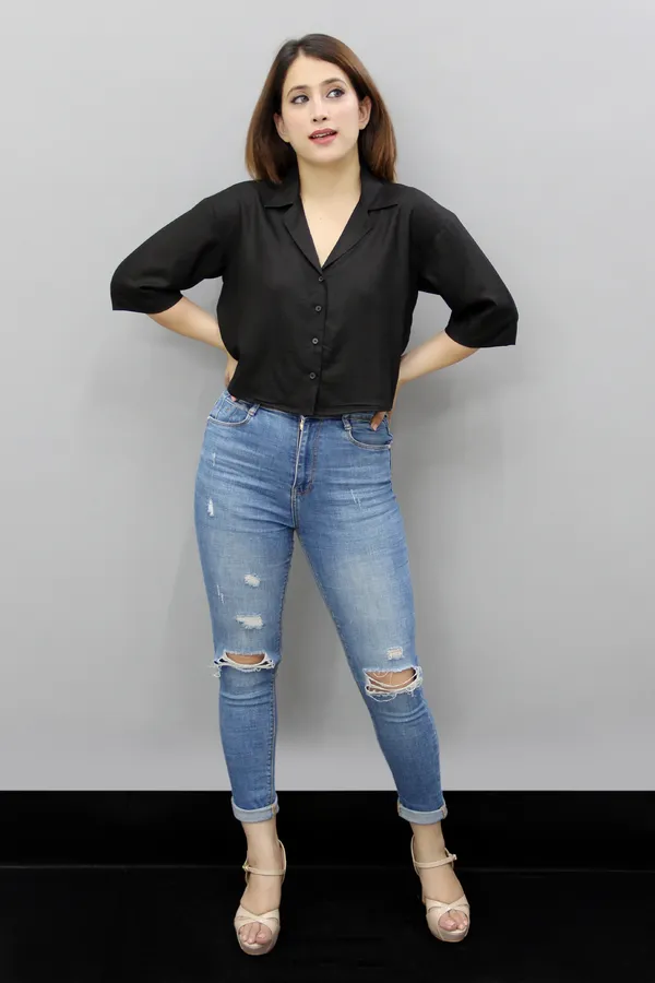 Black_Viscose_Rayon_3/4Th_Sleeve_Solid_Crop_Regular_Fit_Shirt_For_Women