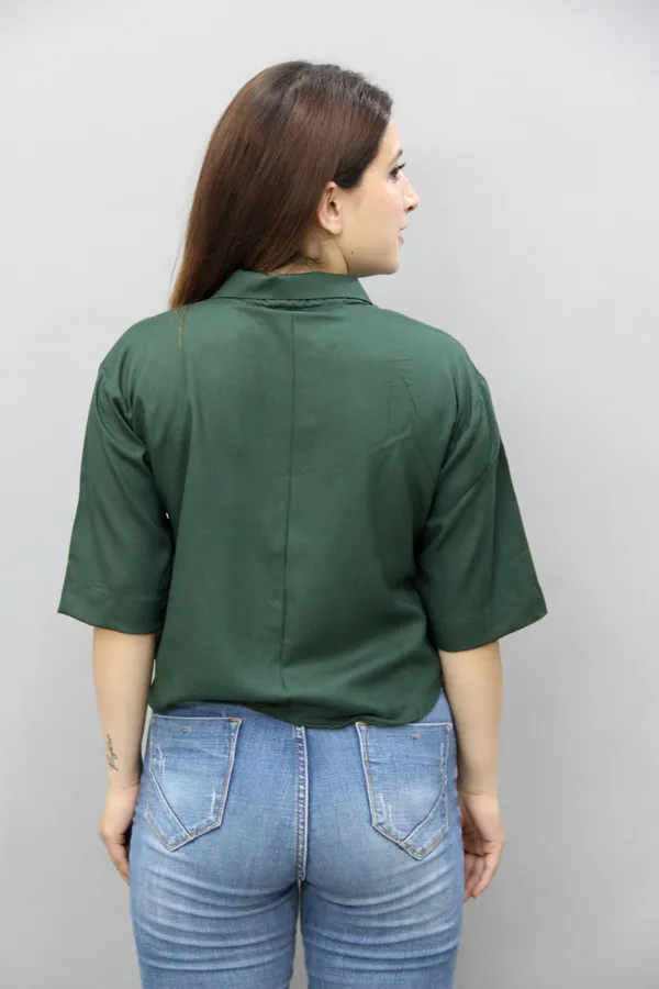 Green_Viscose_Rayon_3/4Th_Sleeve_Solid_Crop_Regular_Fit_Shirt_For_Women