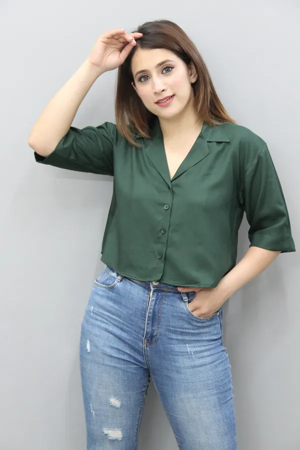 Green_Viscose_Rayon_3/4Th_Sleeve_Solid_Crop_Regular_Fit_Shirt_For_Women
