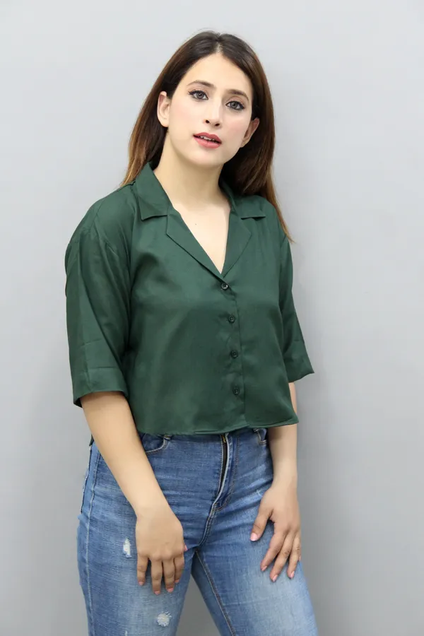 Green_Viscose_Rayon_3/4Th_Sleeve_Solid_Crop_Regular_Fit_Shirt_For_Women