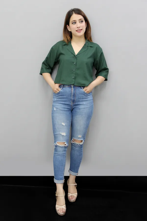 Green_Viscose_Rayon_3/4Th_Sleeve_Solid_Crop_Regular_Fit_Shirt_For_Women