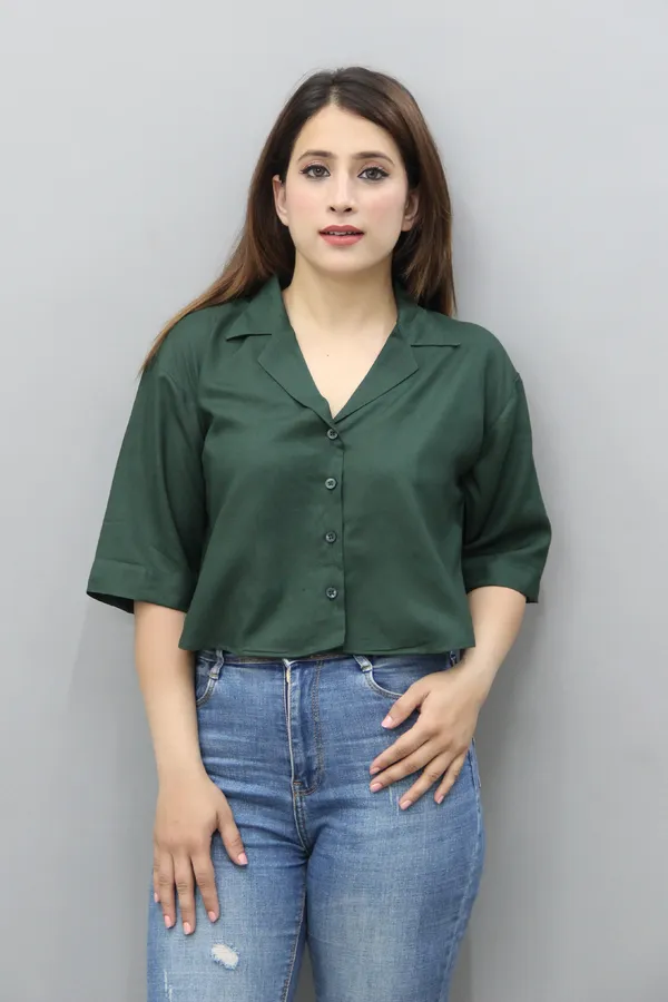 Green_Viscose_Rayon_3/4Th_Sleeve_Solid_Crop_Regular_Fit_Shirt_For_Women
