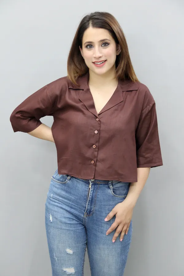 Brown_Viscose_Rayon_3/4Th_Sleeve_Solid_Crop_Regular_Fit_Shirt_For_Women