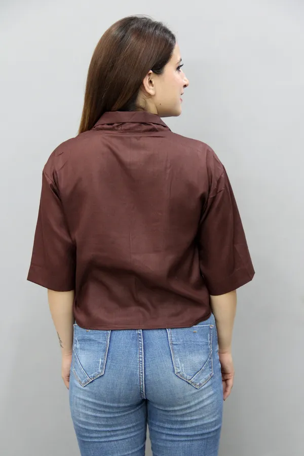 Brown_Viscose_Rayon_3/4Th_Sleeve_Solid_Crop_Regular_Fit_Shirt_For_Women