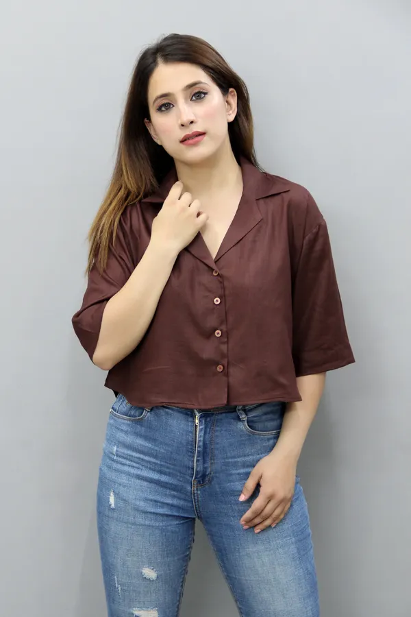Brown_Viscose_Rayon_3/4Th_Sleeve_Solid_Crop_Regular_Fit_Shirt_For_Women
