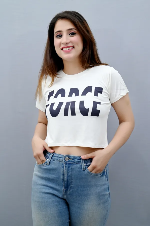 White_Polyester_Typography_Short_Sleeve_Round_Neck_Regular_Fit_Crop_T_Shirt_For_Women