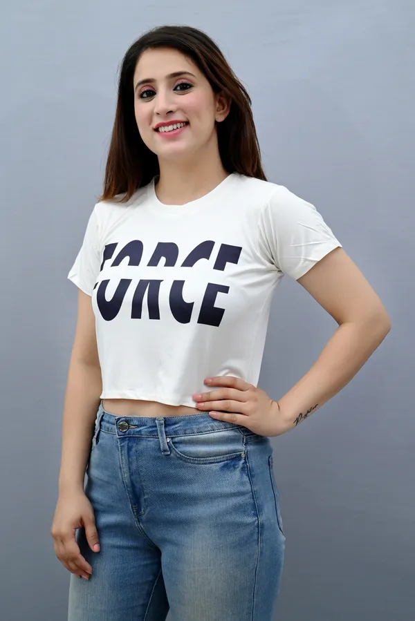 White_Polyester_Typography_Short_Sleeve_Round_Neck_Regular_Fit_Crop_T_Shirt_For_Women