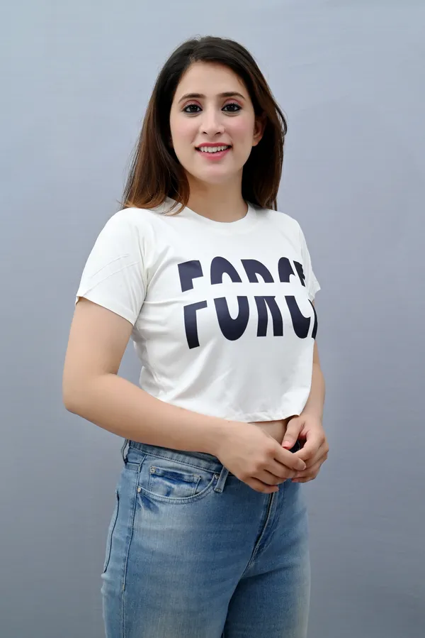 White_Polyester_Typography_Short_Sleeve_Round_Neck_Regular_Fit_Crop_T_Shirt_For_Women