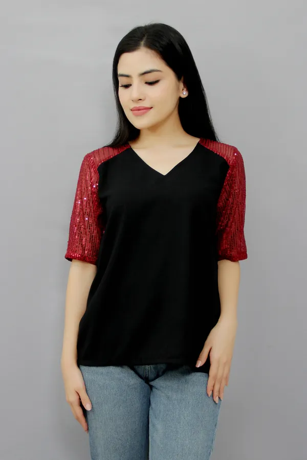 Black_Casual_Embellished,_Self_Design_Tops_For_Women