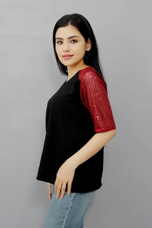 Black_Casual_Embellished,_Self_Design_Tops_For_Women
