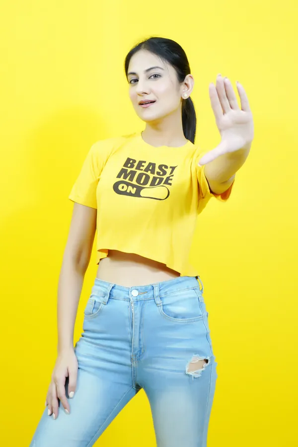 Yellow_Polycotton_Sporty_Short_Sleeve_Round_Neck_Comfort_Fit_Crop_T_Shirt_For_Women
