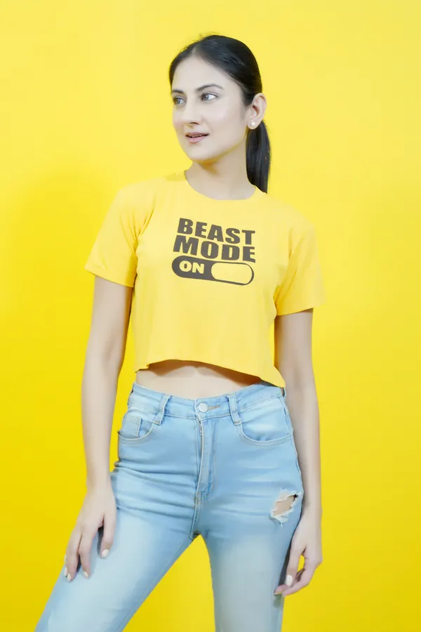 Yellow_Polycotton_Sporty_Short_Sleeve_Round_Neck_Comfort_Fit_Crop_T_Shirt_For_Women