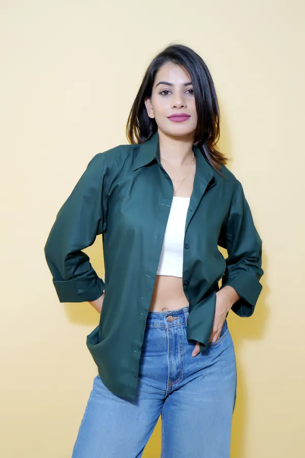 Dark_Green_Cotton_Blend_Full_Sleeve_Solid_Hip_Length_Relaxed_Fit_Shirt_For_Women