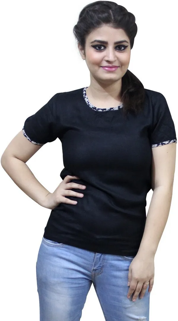 Black_Casual_Short_Sleeve_Solid_Tops_For_Women