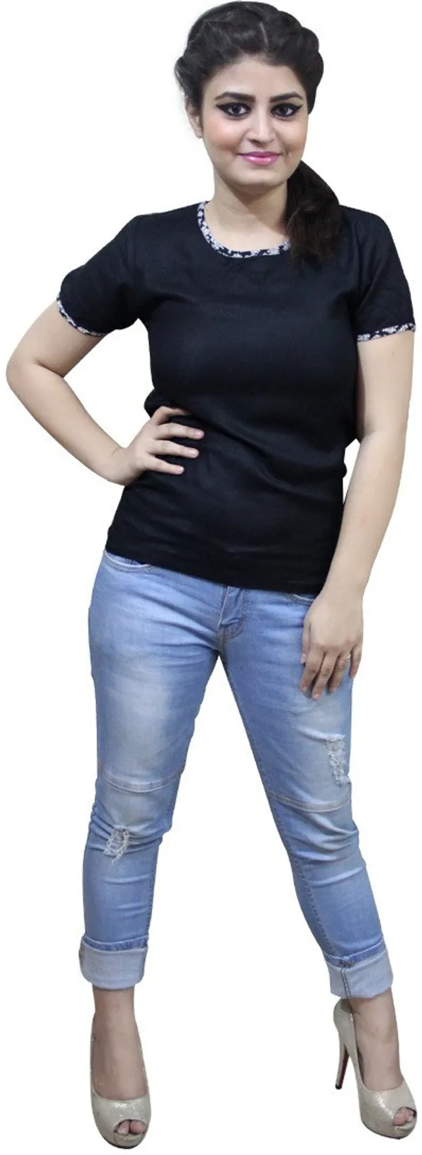 Black_Casual_Short_Sleeve_Solid_Tops_For_Women