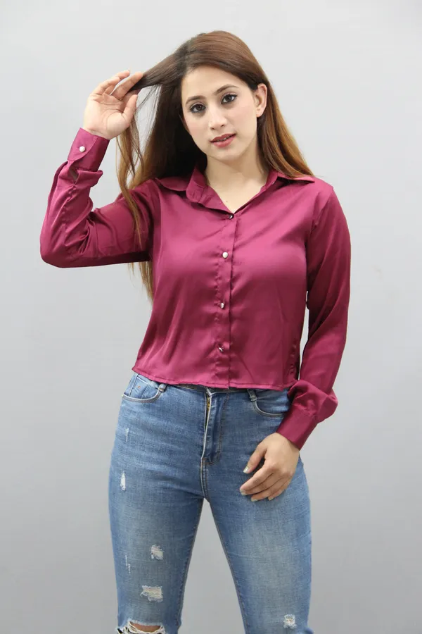 Maroon_Satin_Full_Sleeve_Solid_Crop_Regular_Fit_Shirt_For_Women
