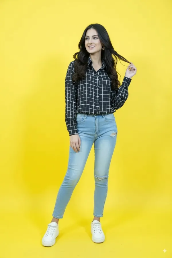 Black_Cotton_Blend_Full_Sleeve_Checkered_Hip_Length_Relaxed_Fit_Shirt_For_Women