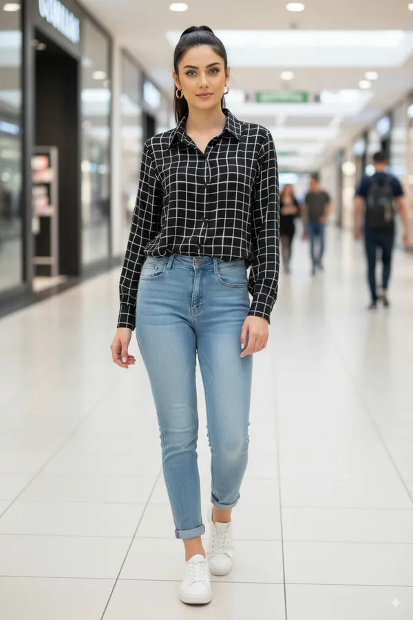 Black_Cotton_Blend_Full_Sleeve_Checkered_Hip_Length_Relaxed_Fit_Shirt_For_Women