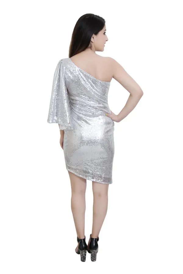 Silver_Lycra_Blend_One_Shoulder_3/4_Sleeve_Above_Knee_Sheath_Dress_For_Women