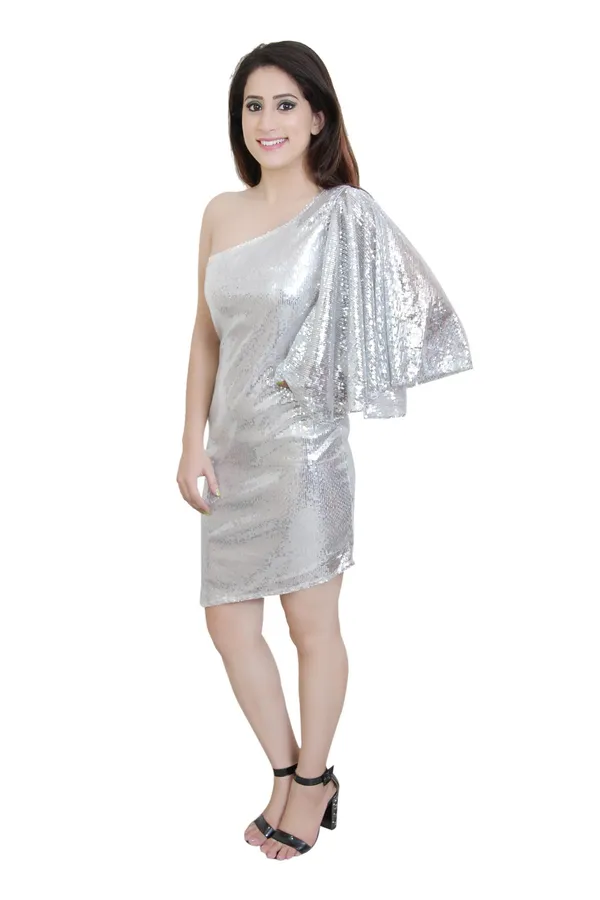 Silver_Lycra_Blend_One_Shoulder_3/4_Sleeve_Above_Knee_Sheath_Dress_For_Women