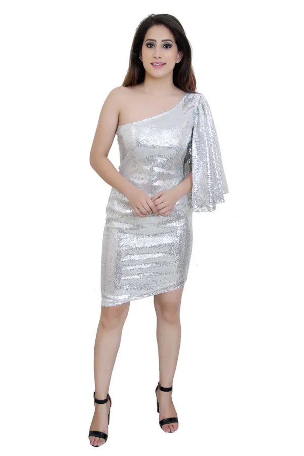 Silver_Lycra_Blend_One_Shoulder_3/4_Sleeve_Above_Knee_Sheath_Dress_For_Women