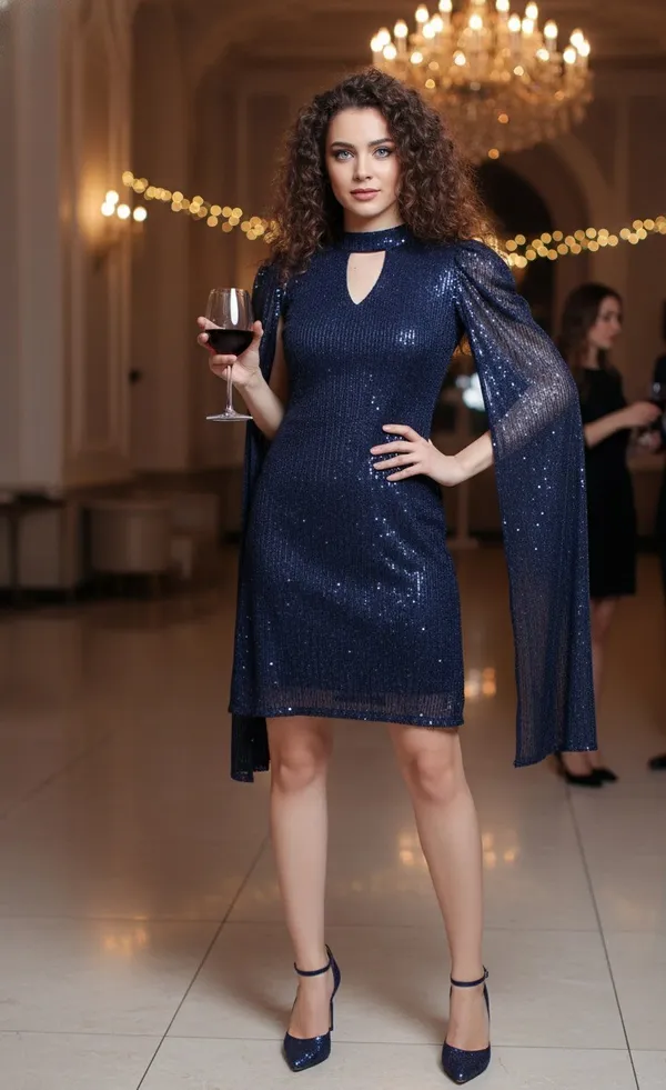 Navy_Blue_Sequin_Cape_Sleeves_Party_Dress_For_Women_&_Girls