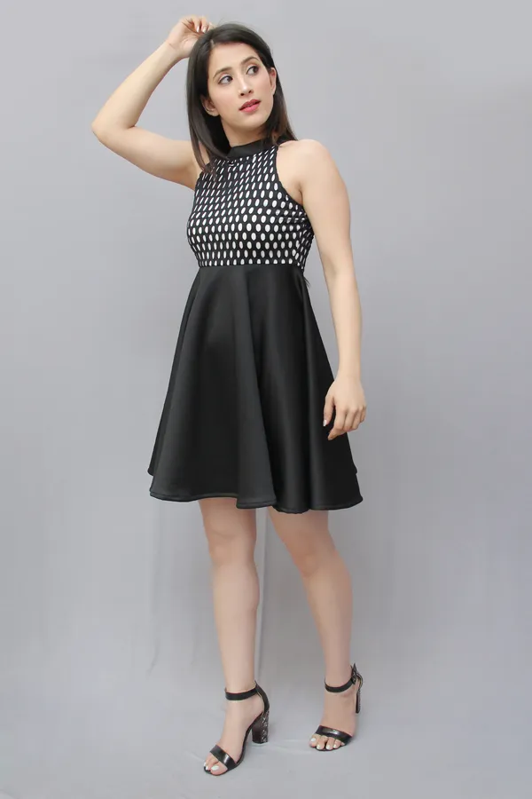 Drop_Waist_Black_Knee_Length_Dress_For_Women