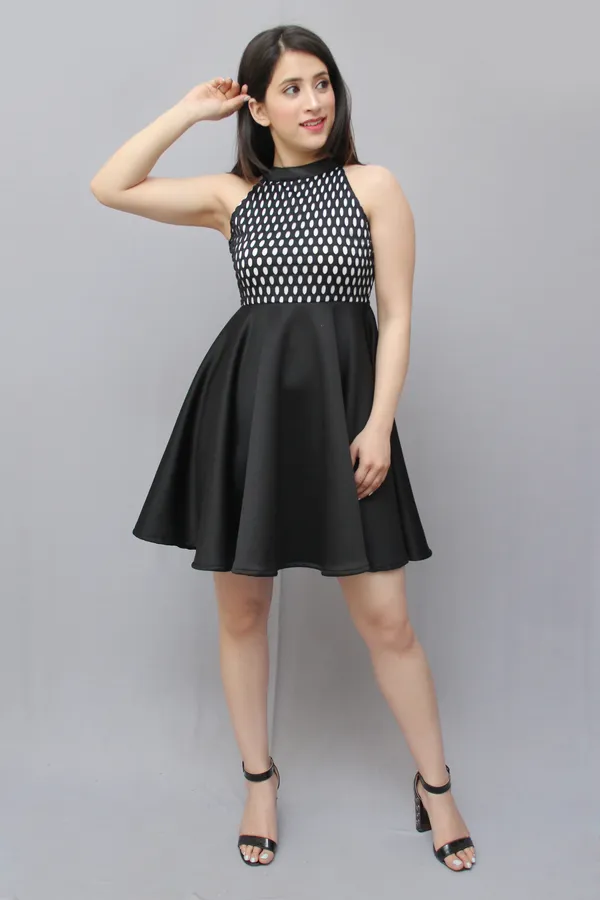 Drop_Waist_Black_Knee_Length_Dress_For_Women