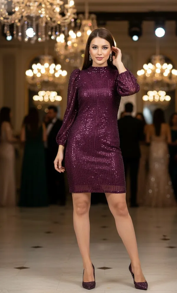 Wine_Sequin_Puff_Sleeves_Dress_For_Women_&_Girls