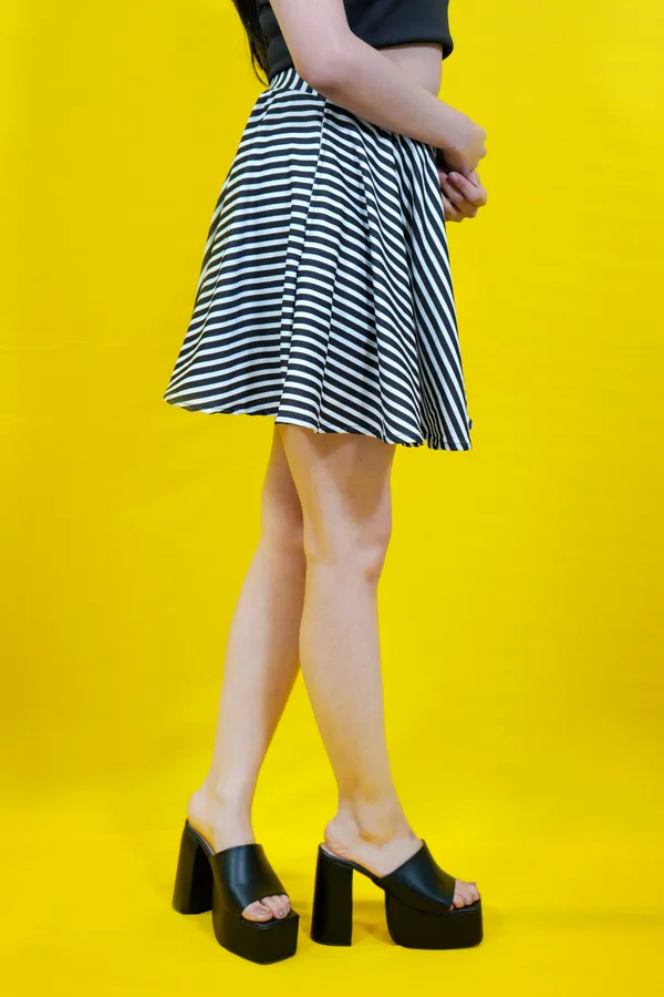 Black::White_Striped_Lycra_Blend_Flared_Mini/Short__Regular_Skirt_For_Women